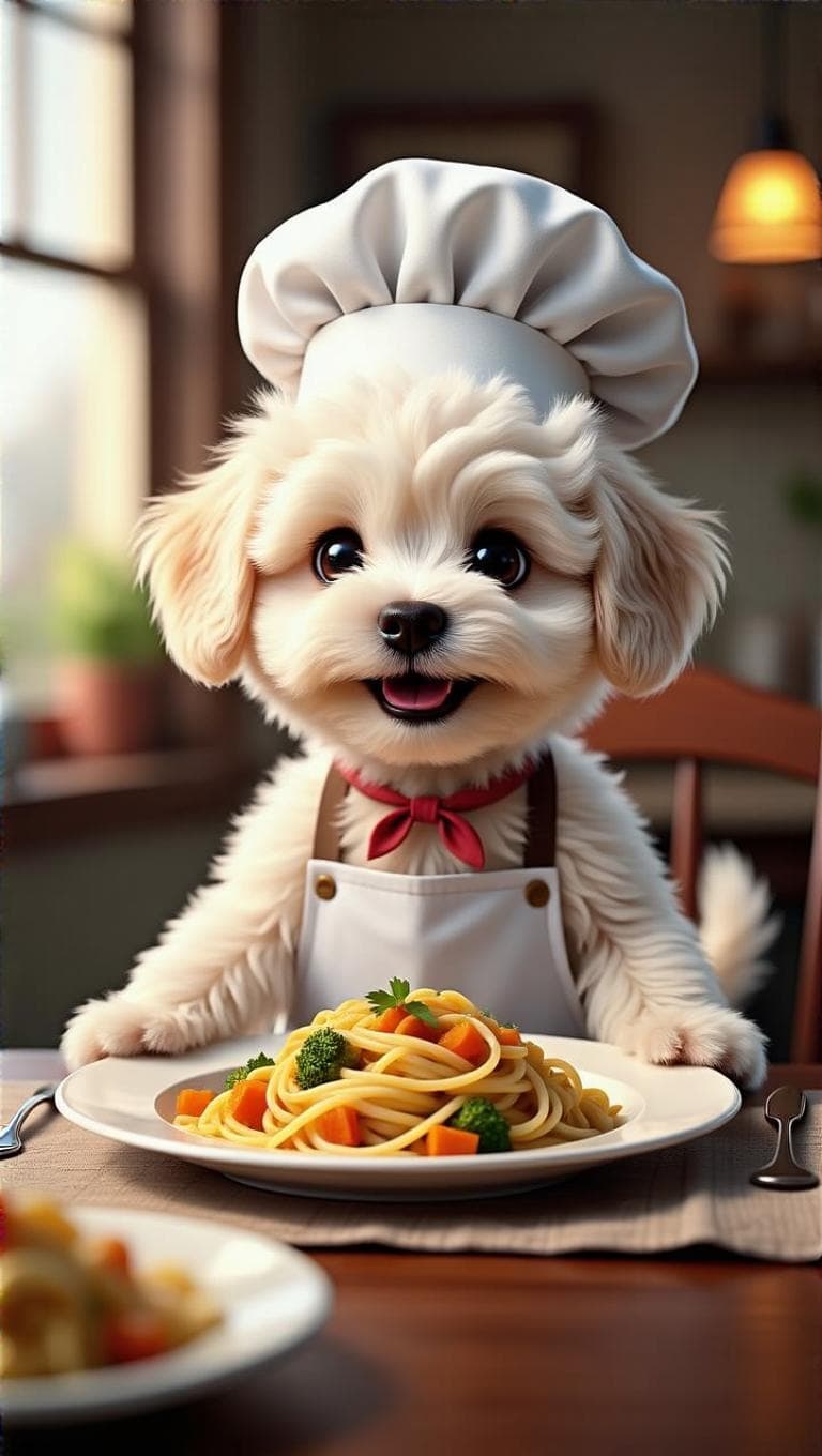 A fluffy white Maltipoo puppy proudly presenting a plated dinner (pasta with vegetables) on a dining table. Wearing chef hat and apron, smiling confidently. Cozy home dining setting, warm ambient lighting, cinematic composition, Pixar-style, ultra-detailed fur, soft background blur, heartwarming atmosphere.
👉 Emotion: Proud / Happy
👉 Camera: Centered hero shot