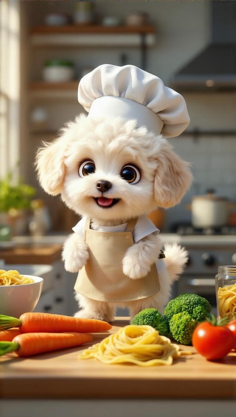 A cute fluffy white Maltipoo puppy (small, curly white fur, big round eyes, Pixar-style) standing on a kitchen counter beside fresh ingredients (carrots, broccoli, pasta, tomatoes). The Maltipoo wears a tiny chef hat and beige apron, looking excited and ready to cook. Bright modern kitchen, warm sunlight coming through window, cozy and clean environment, vibrant colors, cinematic depth of field, highly detailed, adorable expression.
👉 Emotion: Excited / Ready
👉 Camera: Medium wide shot