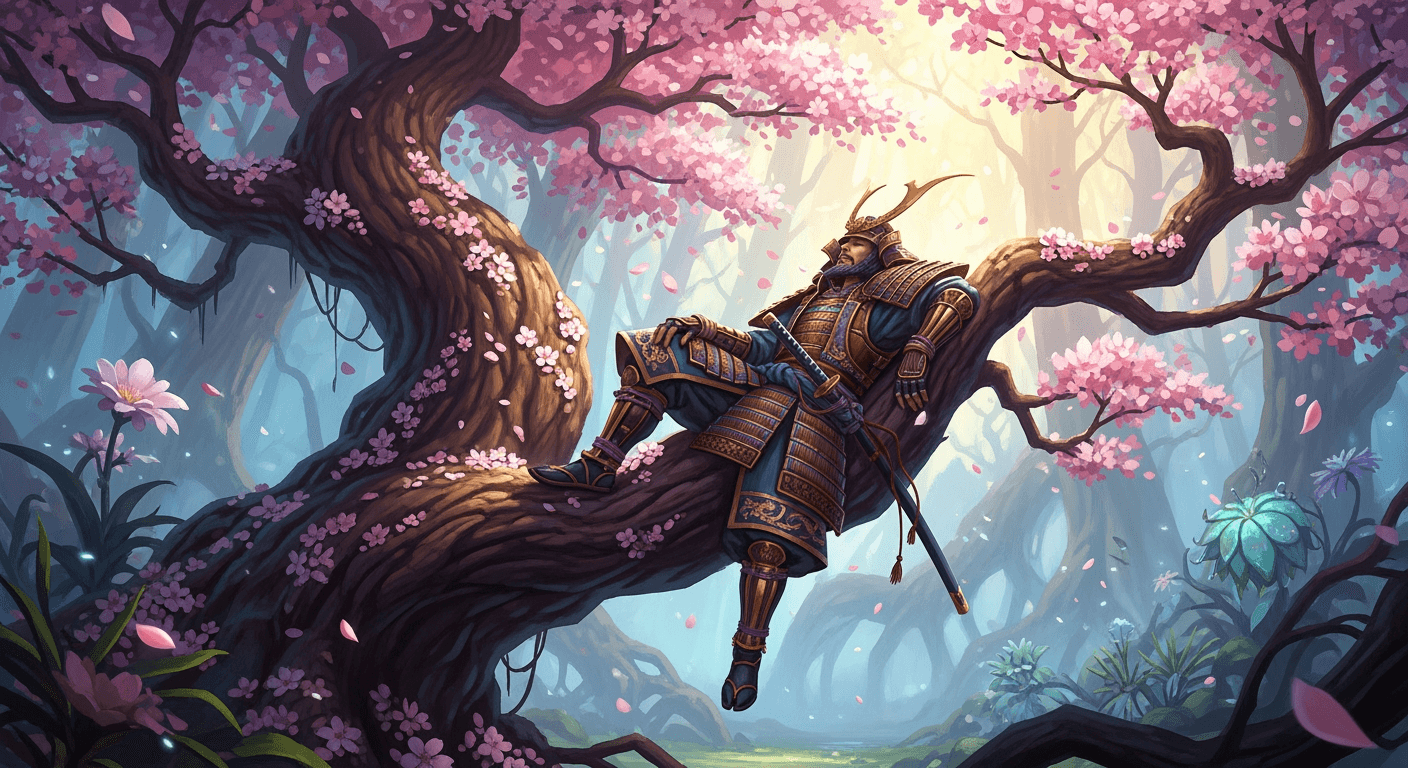 un samurai se repose sur un cerisier fleuri. (sakura)