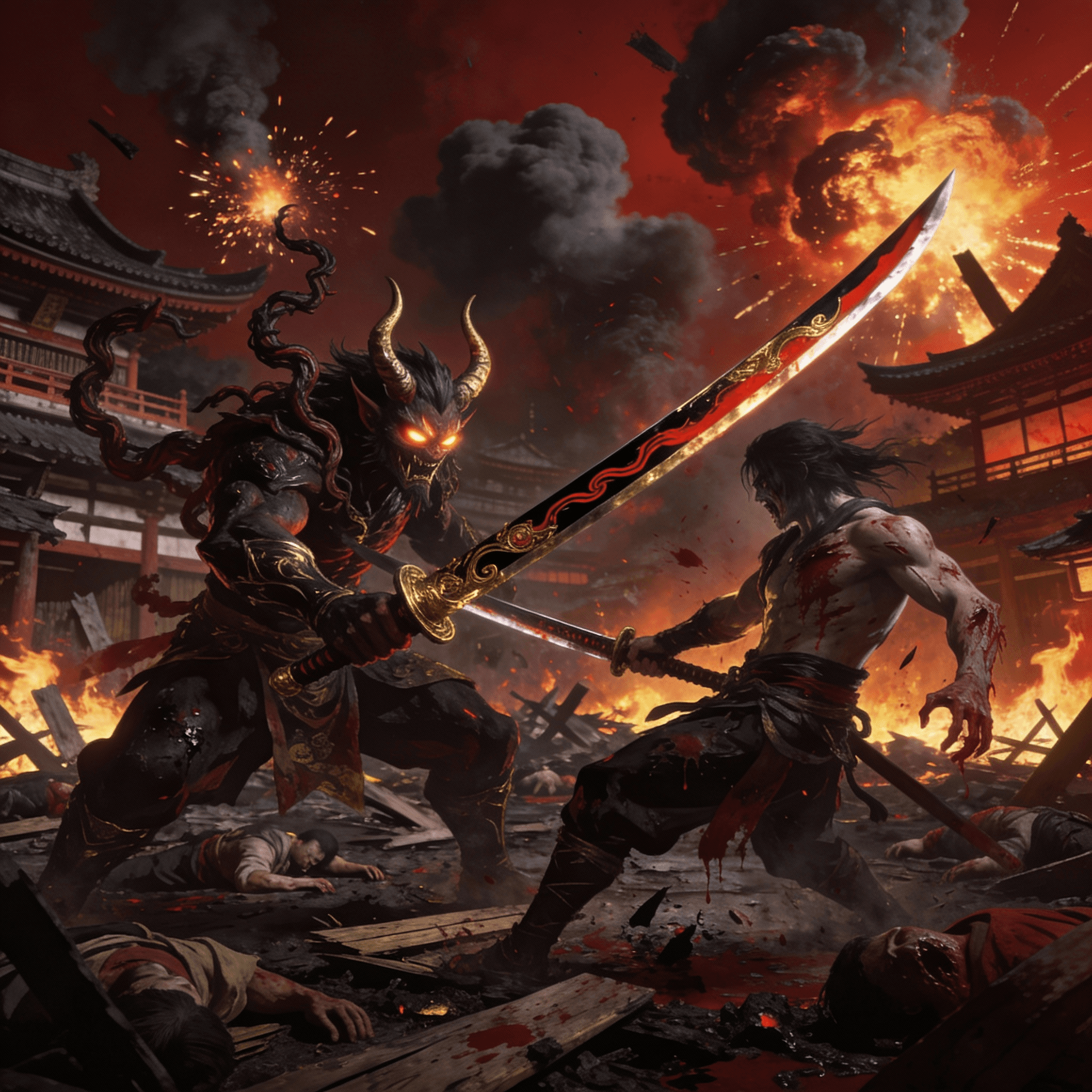 un démon japonais qui se bat contre un ghostrunner (qui a un katana long, rouge, noir, et doré). le ghostrunner est blessé, il perd du sang. le démon était en train de ravager une ancienne cité japonaise (temples, dojo, maisons traditionnelles...); des cadavres de quelques villageois. des flammes de partout. explosion.