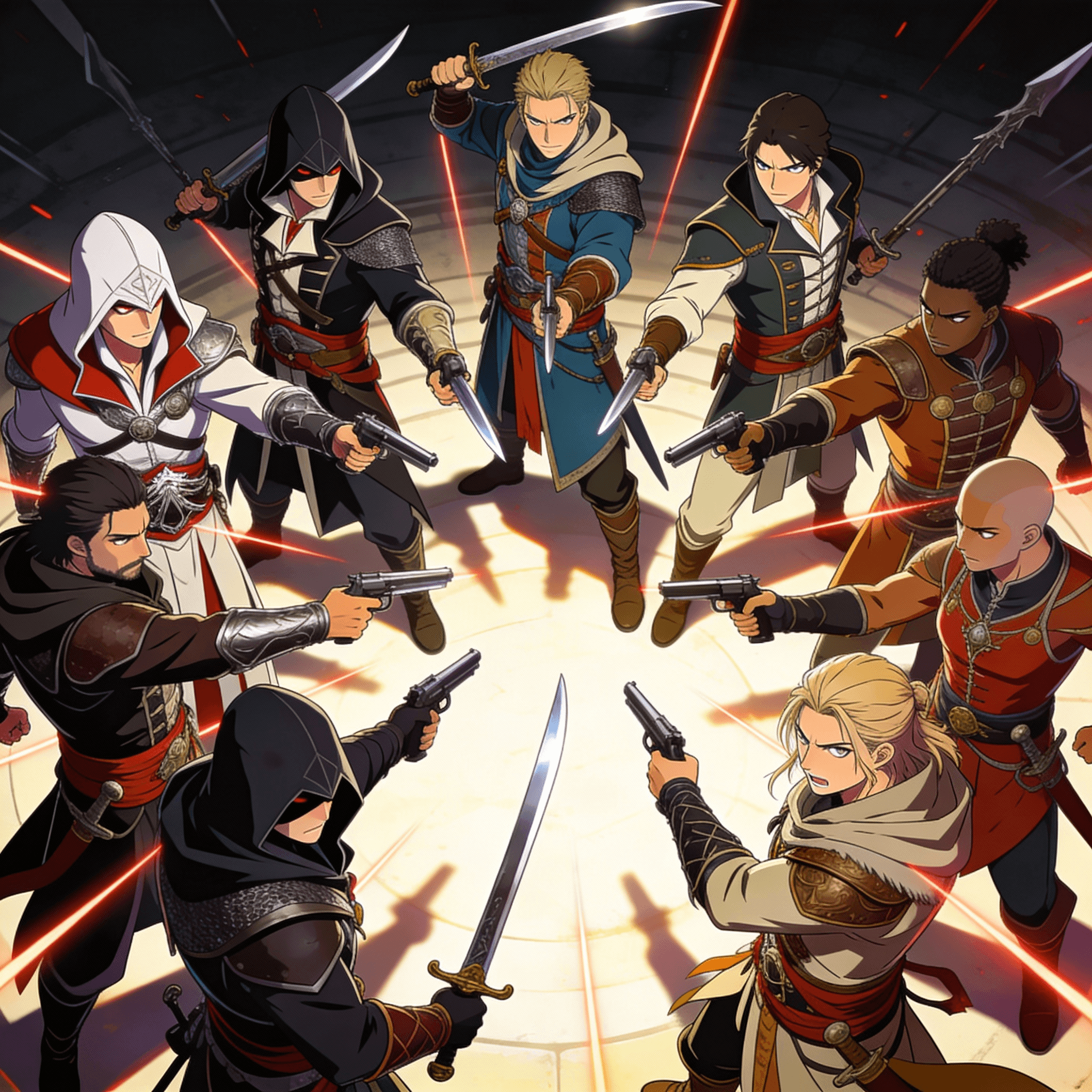 assassin's creed. tous le assassins de la saga qui se menacent mutuellement. chaque assassin doit etre menacé.