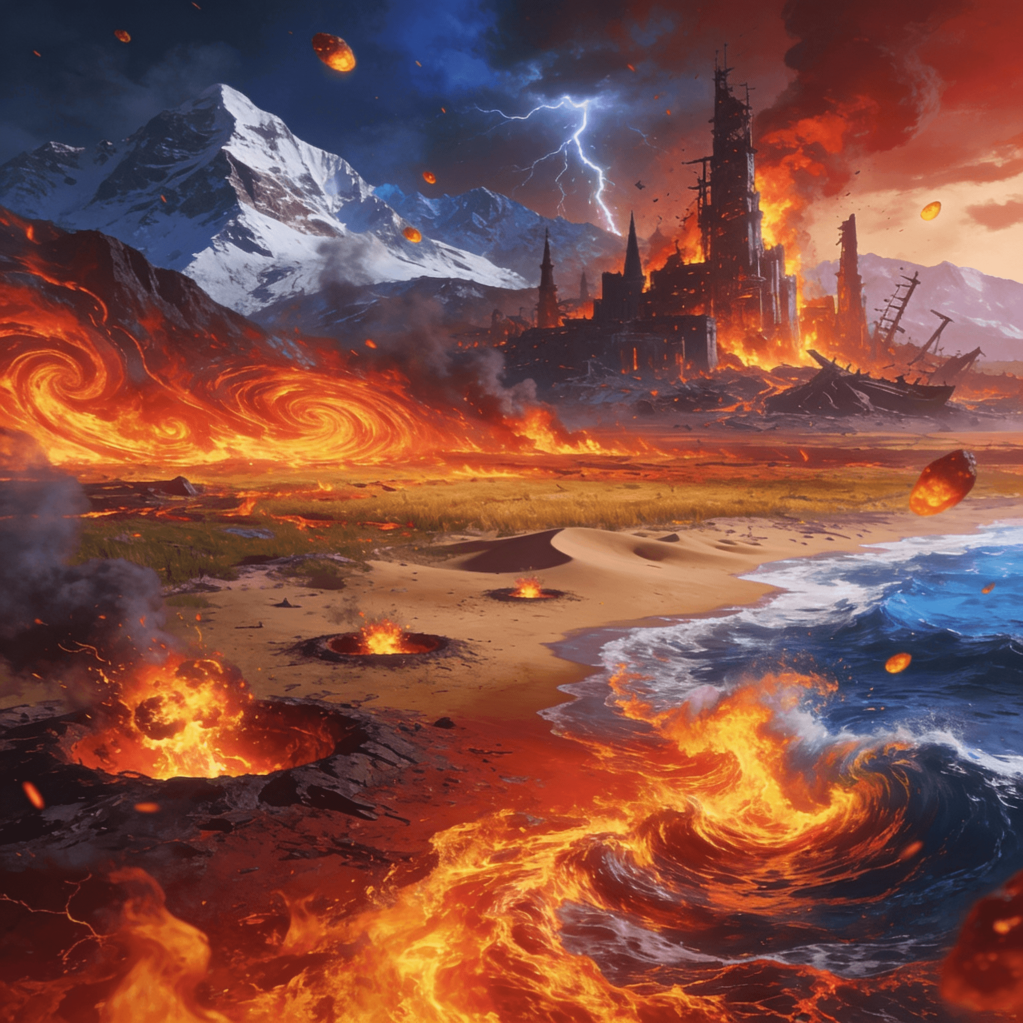 un paysage de fin du monde, un bordel de flammes, feu, explosions, vue d'ensemble sur montagnes enneigees, ville, prairie, désert, mer.