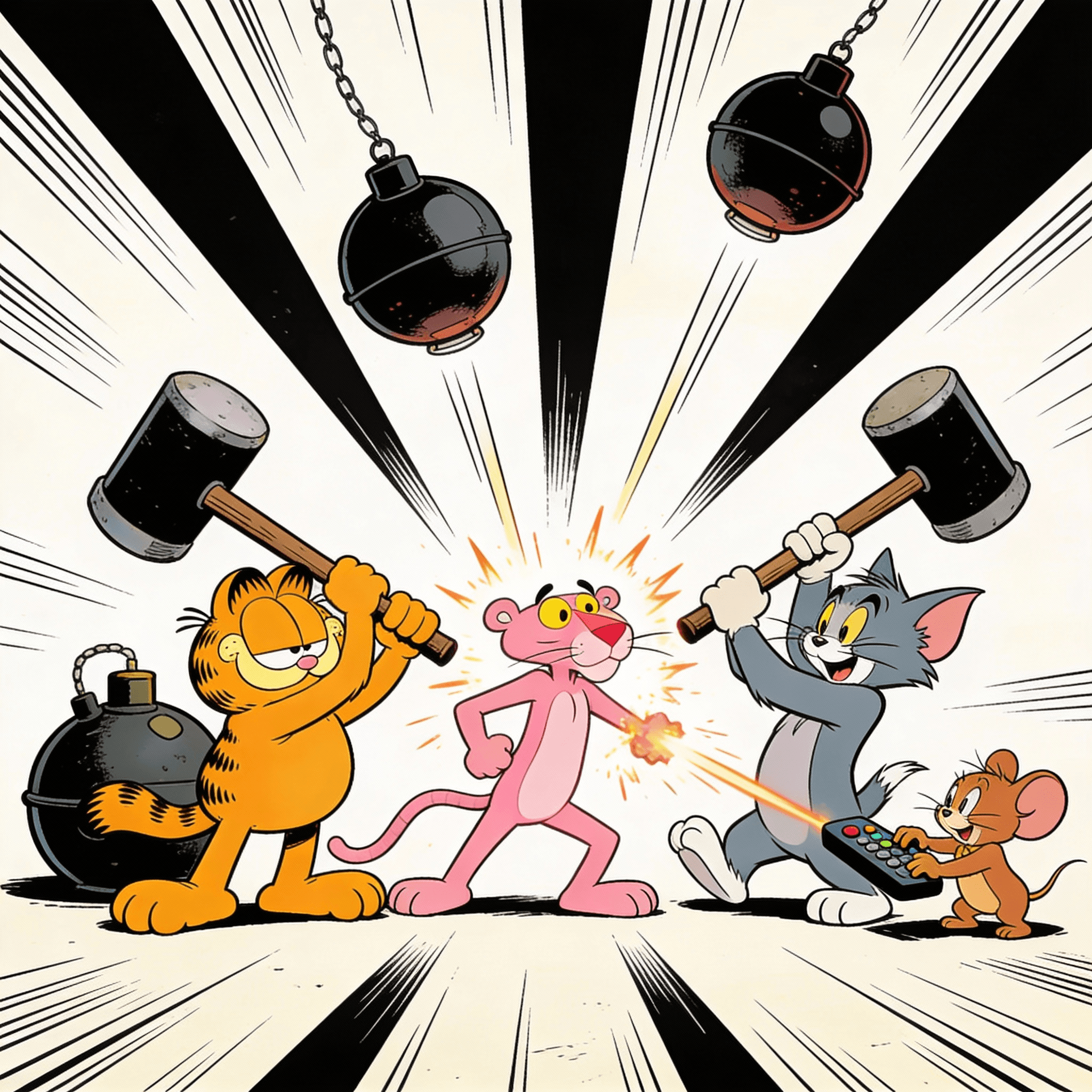 garfield se prépare à frapper d'un immense marteau la panthere rose qui se prepare à faire de meme sur tom qui se prepare à le faire à jerry qui se prépare à appuyer sur un bouton d'une télécommande qui est censée faire exploser plusieurs bombes énormes placées: juste derriere garfield; juste au dessu de la panthere rose, et une au dessu de tom.