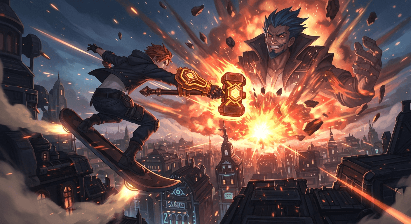 Ekko (de la série ARCANE) sur sa planche, dans les airs, qui se prépare à frapper de son espèce de marteau Silco... un bordel d'explosion, détails précis, les deux se menacent...