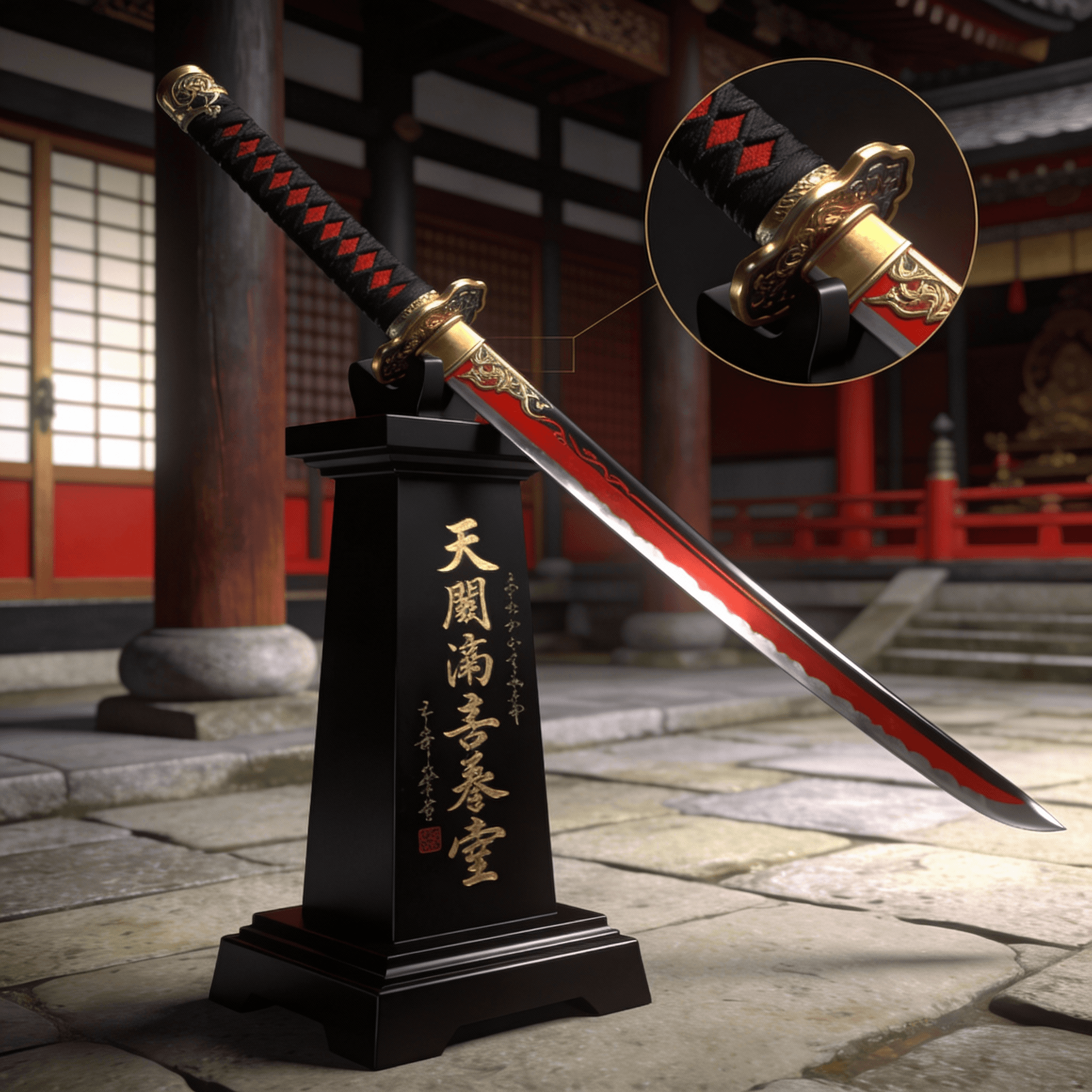 un katana noir rouge et doré posé sur un pied d'estal noir avec des inscriptions japonaises dorées. plan sur le katana (dans un temple japonais).