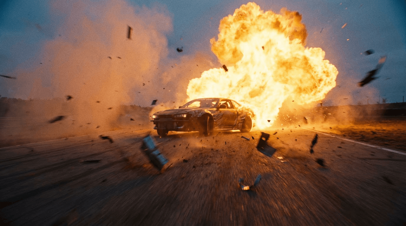 High-speed action shot of a sports car exploding in a massive fireball.
Flames burst outward in slow motion, debris flying toward camera.
Dynamic handheld camera shake, blockbuster action style, intense orange glow lighting smoke.
Deep bass hit in soundtrack.