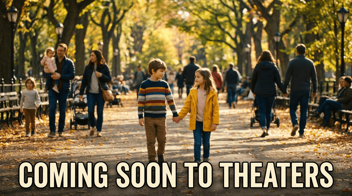 colourful image of boy and girl holding hands in the park , image should have a movie commercial look.