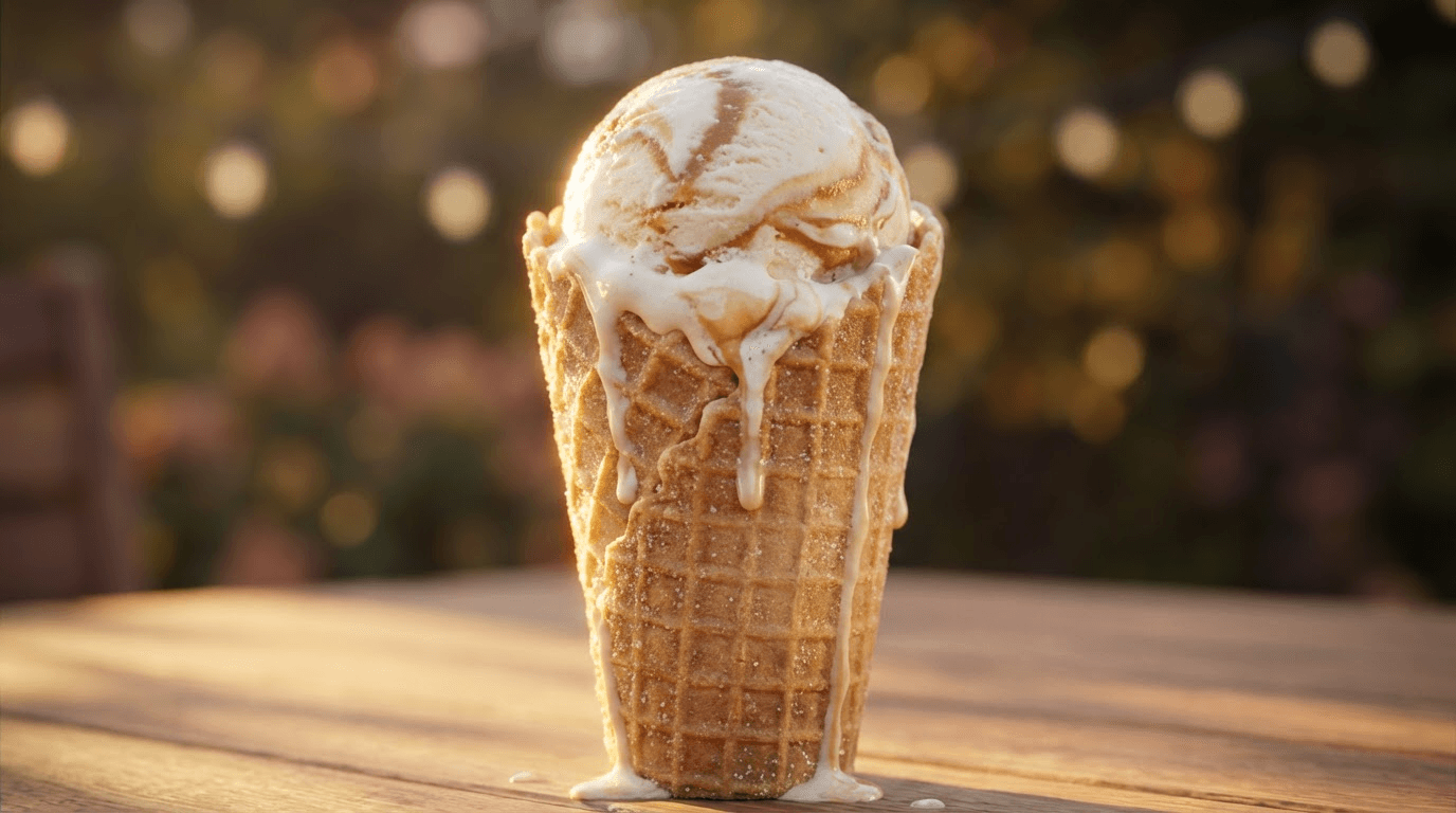 ltra-detailed macro close-up of an ice cream cone melting in warm golden sunlight.
Cream slowly dripping down the cone.
Soft cinematic bokeh background, shallow depth of field.
Calm ambient tone replaces action intensity.
Subtle slow push-in camera movement.