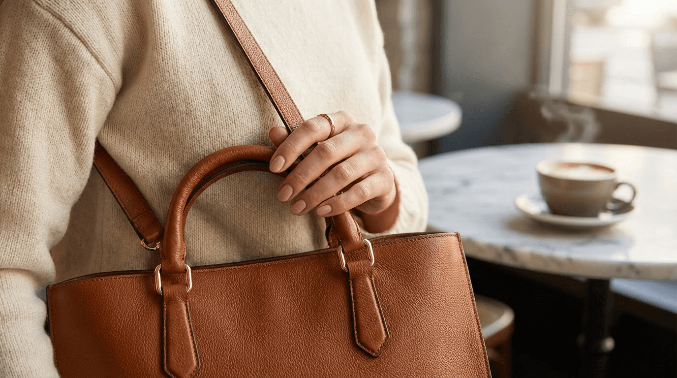create a commerical looking close up image of a womans hand bag being modelled , it should be a high quality image