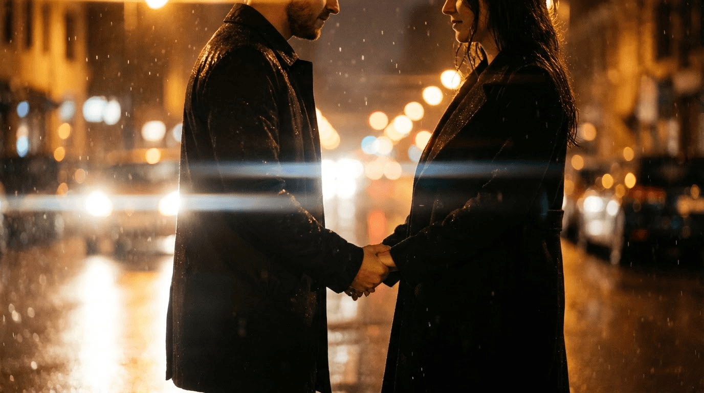 Slow-motion cinematic shot of a man and woman holding hands in heavy rain at night.
Streetlights glowing behind them, rain droplets sparkling in backlight.
Shallow depth of field, emotional tone, anamorphic lens flare, dramatic Hollywood lighting.
Camera slowly pushing in.
Rain sound implied, orchestral swell beginning.