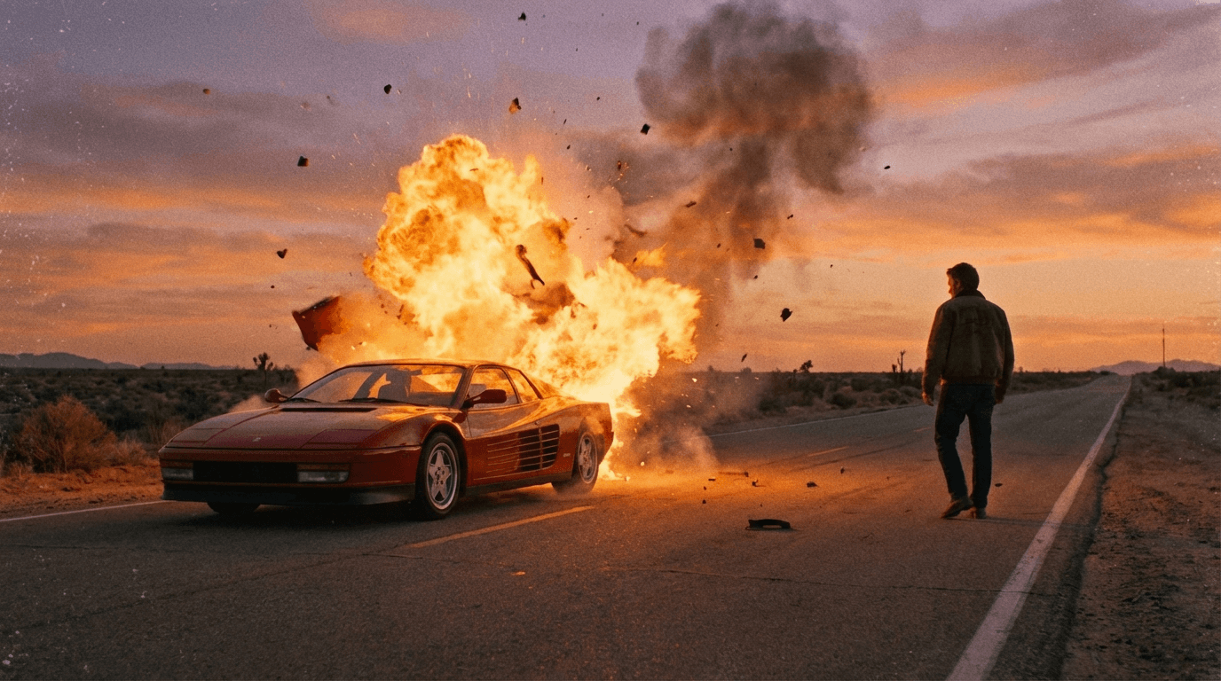 create a cinemaic image of an exploding ferrari