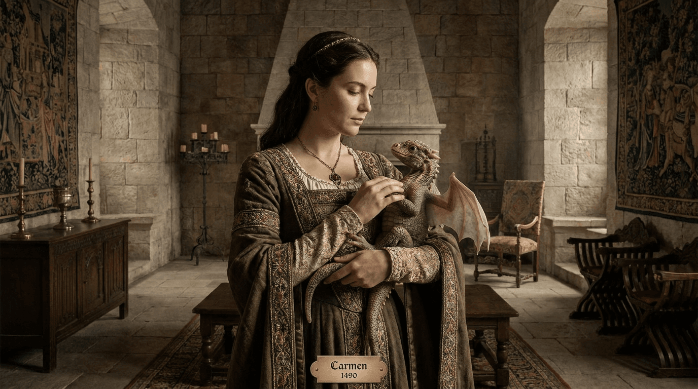 Put the two year old dragon with undeveloped wings with Carmen in 1490