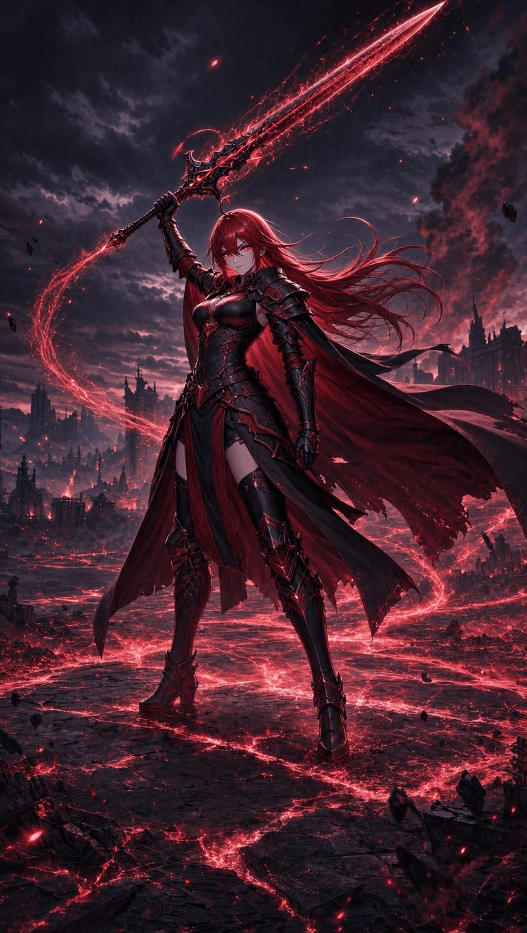 Use the provided reference image as the exact visual source and first frame. Preserve the same adult female fantasy warrior throughout the entire shot: identical face, long crimson-red hair, luminous crimson eyes, black-and-crimson armor, body proportions, crimson cape, massive crimson energy greatsword, color palette, and overall silhouette. Preserve one continuous environment.
A powerful adult female fantasy guardian stands in a vast ruined magical landscape. Her long crimson hair and large cape move naturally in a strong supernatural wind. She wears heavy, functional black-and-crimson armor with layered plating, reinforced joints, sculpted pauldrons, armored legs, gauntlets, and subtle battle wear.
Her single massive crimson energy greatsword remains physically solid and consistent throughout the shot. It emits concentrated red energy, glowing particles, and elegant magical arcs without changing shape.
ENVIRONMENT:
A vast ancient battlefield after a magical catastrophe, with ruined stone structures, scorched ground, distant burning lights, drifting ash, atmospheric smoke, broken terrain, and glowing crimson energy fissures. The environment is enormous and cinematic, with deep black, crimson, and dark-violet tones.
0.0–2.5s:
Low-angle full-body composition. She stands motionless in a powerful guardian stance with the greatsword resting beside her. Her crimson eyes gradually brighten. Her hair and cape move continuously in the wind. A subtle crimson aura pulses around her with each breath. Fine glowing cracks appear beneath her feet. Camera slowly pushes forward with a gentle lateral movement.
2.5–5.0s:
She firmly grasps the greatsword and raises it in one smooth, powerful motion. A bright crimson energy pulse expands gently outward from her body. Her hair and cape are pushed backward by the energy. Dust, ash, and small debris rise into the air. The glowing fissures across the ground become brighter. Camera smoothly pulls backward to reveal the vast environmen