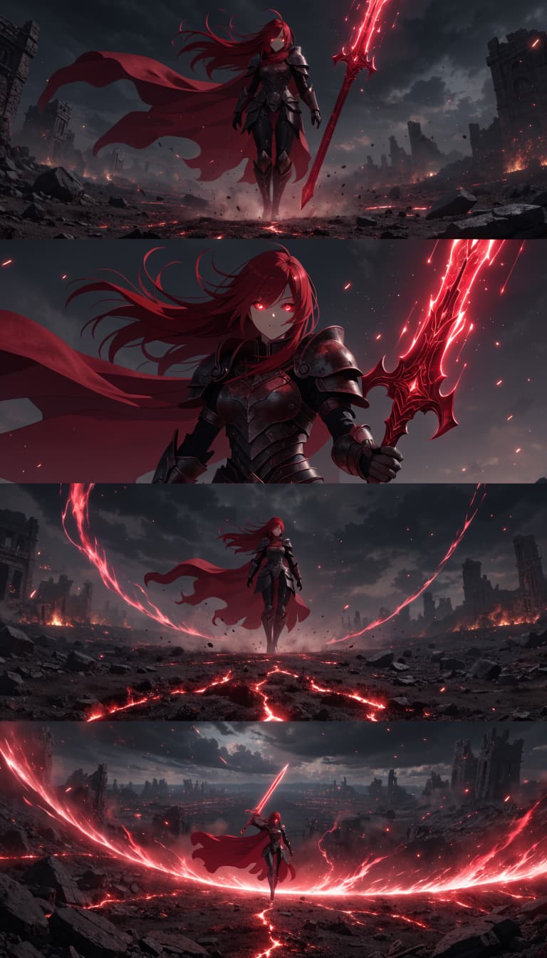 Use the provided reference image as the exact visual source and first frame. Preserve the same adult female fantasy warrior throughout the entire shot: identical face, long crimson-red hair, luminous crimson eyes, black-and-crimson armor, body proportions, crimson cape, massive crimson energy greatsword, color palette, and overall silhouette. Preserve one continuous environment.
A powerful adult female fantasy guardian stands in a vast ruined magical landscape. Her long crimson hair and large cape move naturally in a strong supernatural wind. She wears heavy, functional black-and-crimson armor with layered plating, reinforced joints, sculpted pauldrons, armored legs, gauntlets, and subtle battle wear.
Her single massive crimson energy greatsword remains physically solid and consistent throughout the shot. It emits concentrated red energy, glowing particles, and elegant magical arcs without changing shape.
ENVIRONMENT:
A vast ancient battlefield after a magical catastrophe, with ruined stone structures, scorched ground, distant burning lights, drifting ash, atmospheric smoke, broken terrain, and glowing crimson energy fissures. The environment is enormous and cinematic, with deep black, crimson, and dark-violet tones.
0.0–2.5s:
Low-angle full-body composition. She stands motionless in a powerful guardian stance with the greatsword resting beside her. Her crimson eyes gradually brighten. Her hair and cape move continuously in the wind. A subtle crimson aura pulses around her with each breath. Fine glowing cracks appear beneath her feet. Camera slowly pushes forward with a gentle lateral movement.
2.5–5.0s:
She firmly grasps the greatsword and raises it in one smooth, powerful motion. A bright crimson energy pulse expands gently outward from her body. Her hair and cape are pushed backward by the energy. Dust, ash, and small debris rise into the air. The glowing fissures across the ground become brighter. Camera smoothly pulls backward to reveal the vast environmen
