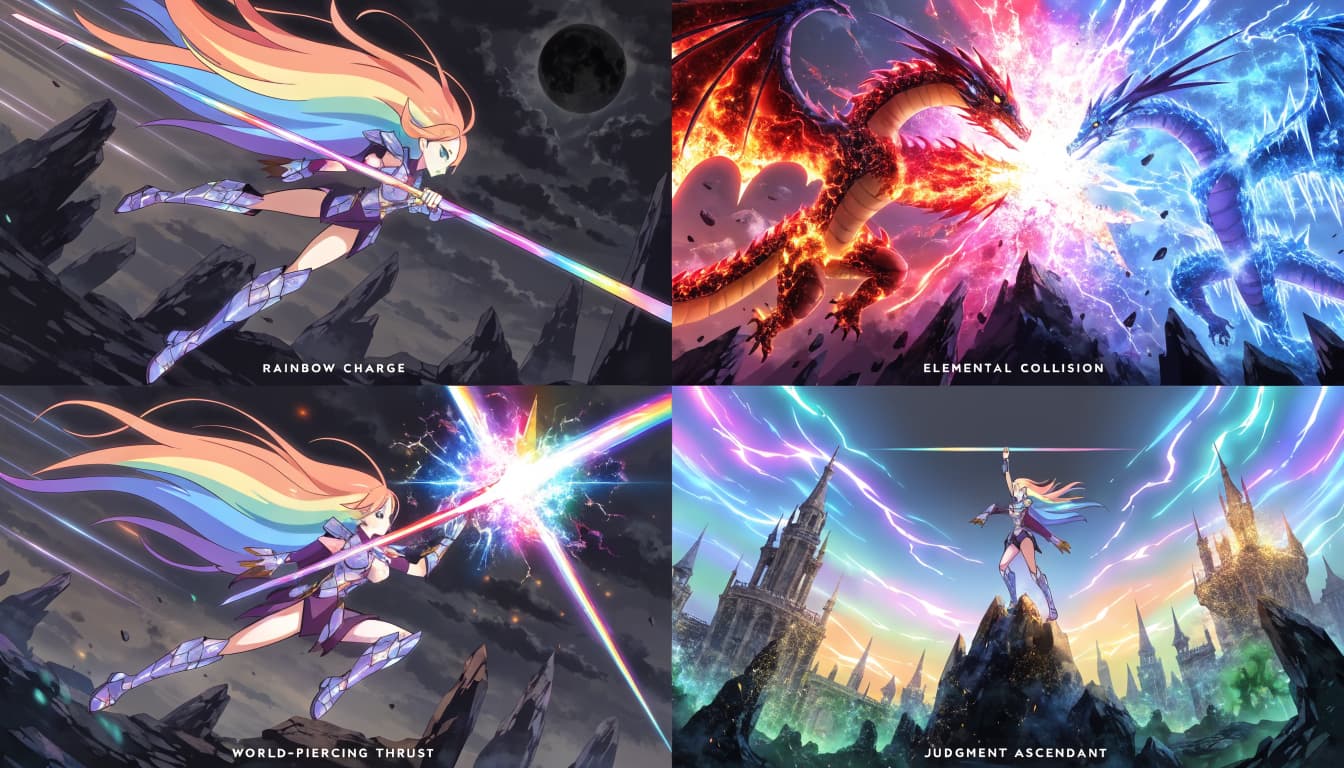Cinematic rainbow dragoon judgment sequence, locked character: young woman with ultra long flowing rainbow multicolor hair, cyan eyes, wearing dark purple and iridescent crystal light assault armor with golden trim, thigh-high crystal armored boots, wielding extremely long rainbow energy lance that crackles with prismatic power.
Timeline:
RAINBOW CHARGE: high-speed flying charge through shattered floating islands, rainbow hair trailing with light streaks, gripping lance, determined battle expression, apocalyptic sky with black moon and gothic floating castles, motion blur, debris.
WORLD-PIERCING THRUST: thrusts lance forward at full extension, massive rainbow energy beam explosion from tip, bright white core with rainbow edges, shockwave shattering rocks, dynamic side angle.
ELEMENTAL COLLISION: clashes against colossal chimera dragon, half body molten lava fire wings, half body blue ice crystals and purple void portals, green toxic aura, rainbow beam vs dragon fire breath collision creating massive colorful explosion, floating castle background.
JUDGMENT ASCENDANT: stands on highest shattered rock peak after victory, raises lance high, rainbow judgment waves exploding outward purifying landscape, dragon dissolving into golden light particles, floating castles now bathed in rainbow light, triumphant pose, epic wide crane up.
Style: ultra dynamic anime battle, prismatic rainbow, fire ice void elements, volumetric explosion light, 24fps, intense motion blur, pure conflict and judgment, absolute victory.