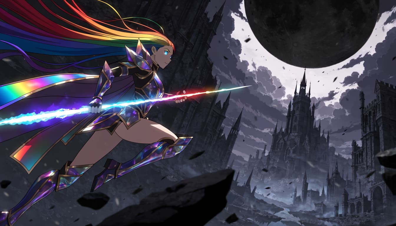 **CINEMATIC RAINBOW DRAGOON — FIRST FRAME**
A premium Japanese fantasy anime cinematic key visual, AAA game cutscene quality, designed as the exact first frame of an epic final-battle sequence.
A clearly adult female rainbow dragoon warrior dominates the foreground, flying at extreme speed through a collapsing dimensional battlefield.
### CHARACTER — IDENTITY LOCK
Young adult adult woman, elegant athletic physique, beautiful but powerful warrior presence.
Identical facial identity, stable facial proportions, vivid cyan glowing eyes, determined battle expression.
Extremely long flowing multicolor rainbow hair with a stable recognizable color sequence, clearly separated spectral colors flowing backward in the wind.
Dark-purple and iridescent crystal light-assault armor with refined golden trim, layered crystalline armor plates, translucent prismatic surfaces, elegant crystalline thigh-high armored boots.
Maintain the exact same character proportions, face, hairstyle, armor design, boots and silhouette throughout the sequence.
### WEAPON — IDENTITY LOCK
She carries one extremely long rainbow energy lance with elegant spear-like proportions.
The lance has a brilliant white energy core surrounded by cyan, blue, violet, magenta, red, orange and green spectral energy.
Long, refined, symmetrical weapon silhouette.
The lance is held securely with both hands and aligned with her forward direction of travel.
No second weapon.
### POSE / ACTION
Capture the exact moment of a high-speed aerial forward charge.
Her entire body is oriented forward.
Torso leaning aggressively into acceleration.
One leg extended behind her, the other slightly bent for aerodynamic balance.
Both hands firmly gripping the lance.
The lance points clearly toward the distant battlefield.
Her expression is focused, determined and battle-ready.
She is visibly moving forward, not hovering or posing statically.
Rainbow hair and cape-like armor elements stream strongly backward from the a