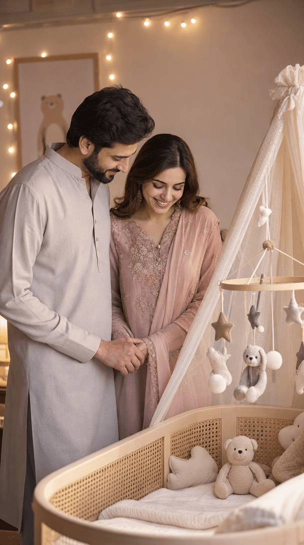 "Heartwarming family scene. A handsome Pakistani man and his radiant wife standing near a beautifully decorated baby crib in a cozy nursery, looking down lovingly and holding hands. Soft dreamy lighting, emotional warmth, 4k photorealistic."