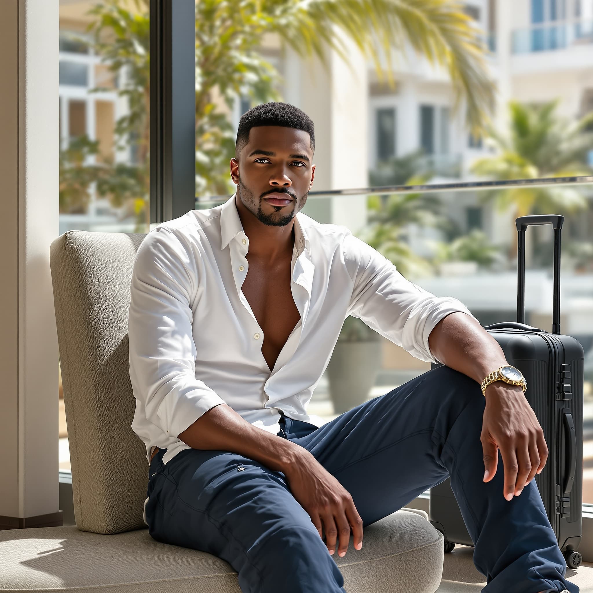 create an image of a light skinned black male in the style of Ricky Martin, with black short hair, wearing a very fitted white open collar shirt, athletic navy blue straight leg cargo pants, and white sneakers. the man is sitting in a luxury hotel atrium next to a black roller suitcase. it’s a sunny day and the sunny is illuminating into the hotel windows.