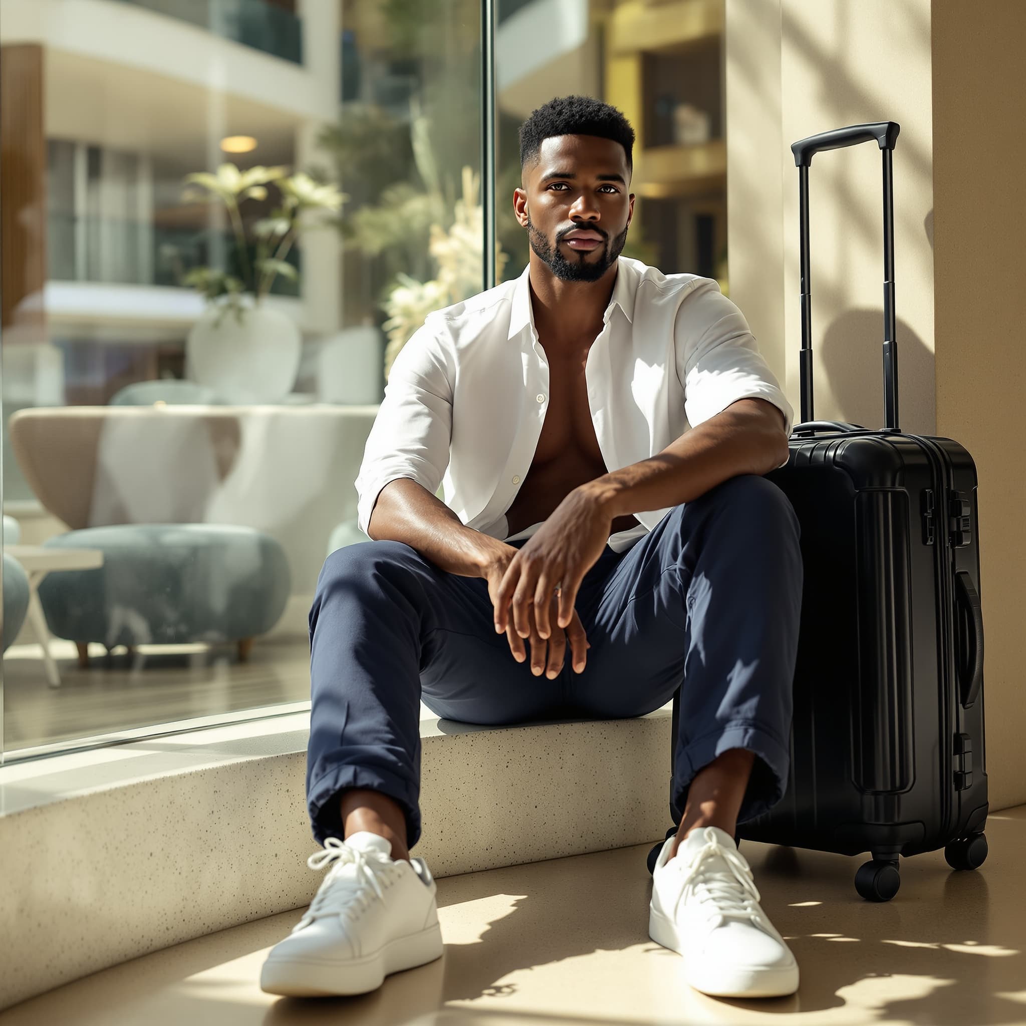 create an image of a light skinned black male in the style of Ricky Martin, with black short hair, wearing a very fitted white open collar shirt, athletic navy blue straight leg cargo pants, and white sneakers. the man is sitting in a luxury hotel atrium next to a black roller suitcase. it’s a sunny day and the sunny is illuminating into the hotel windows.