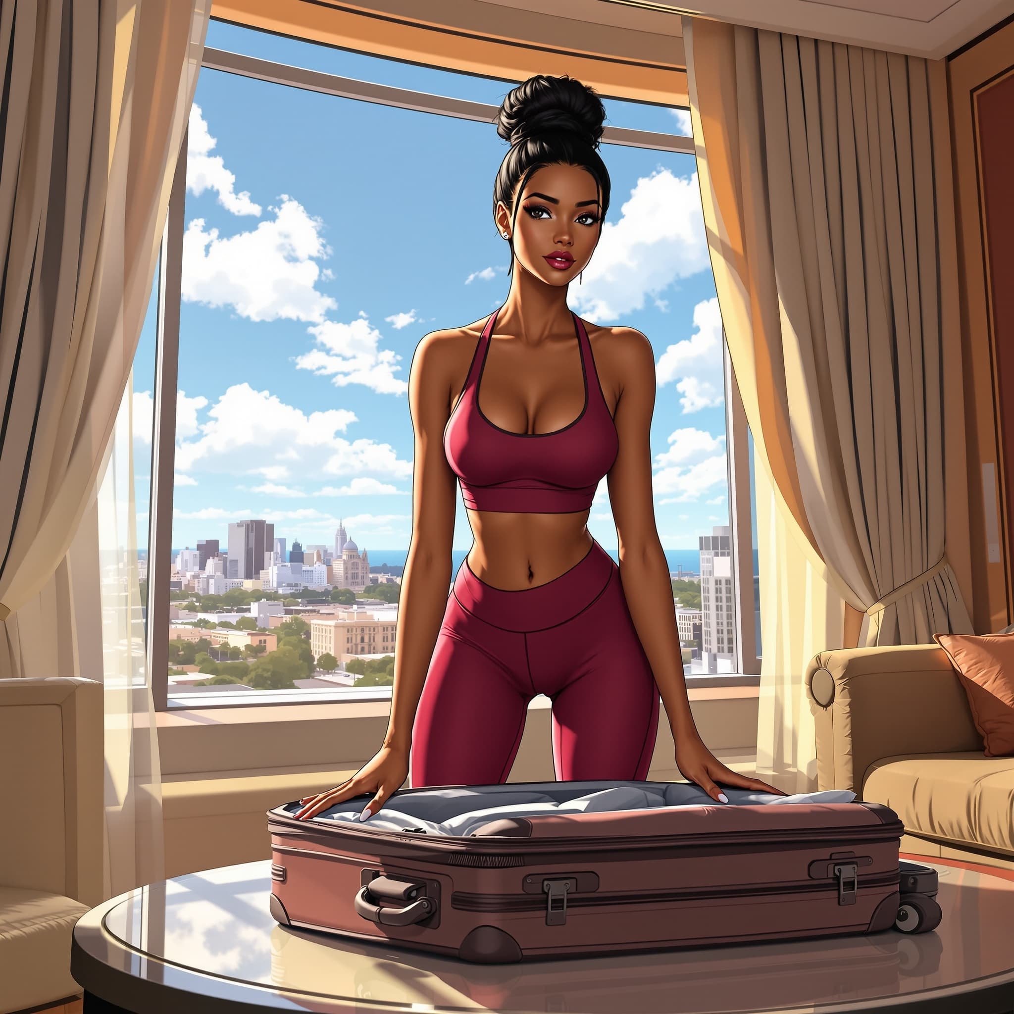 create an image of a light skinned black female in the style of Lisa Raye McCoy, with black hair in a neat bun, wearing a very fitted athletic crop burgundy top and fitted burgundy athletic legging, and white sneakers. the woman is standing over an open suitcase that’s on a table in a luxury hotel suite. it’s a sunny day and the sunny is illuminating into the hotel suite windows.