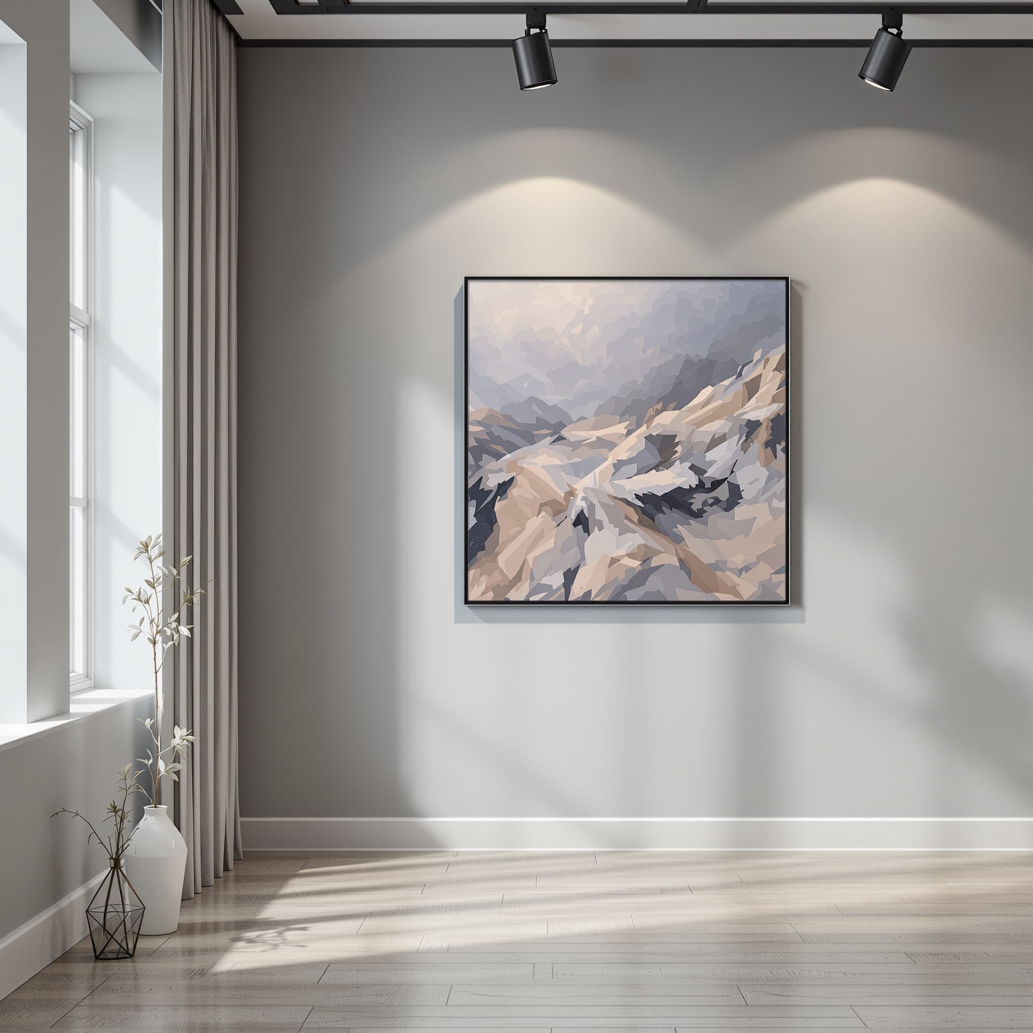 create a gallery wall in the shade of dove grey with black track lighting to display the artwork. the background of the wall should be clean and ready to display artwork of display.