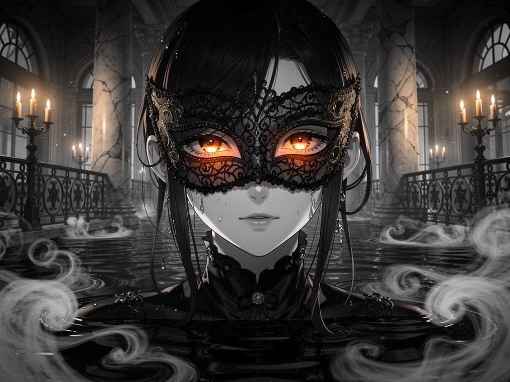 Seed 776232: Ultra-HD portrait of a young dreamer clad in intricate Venetian black lace mask, surrounded by swirling monochrome mist. Half-submerged in a flooded marble palazzo, their wistful eyes reflect flickering candlelight through ornate ironwork — noir fantasy, chiaroscuro depth.