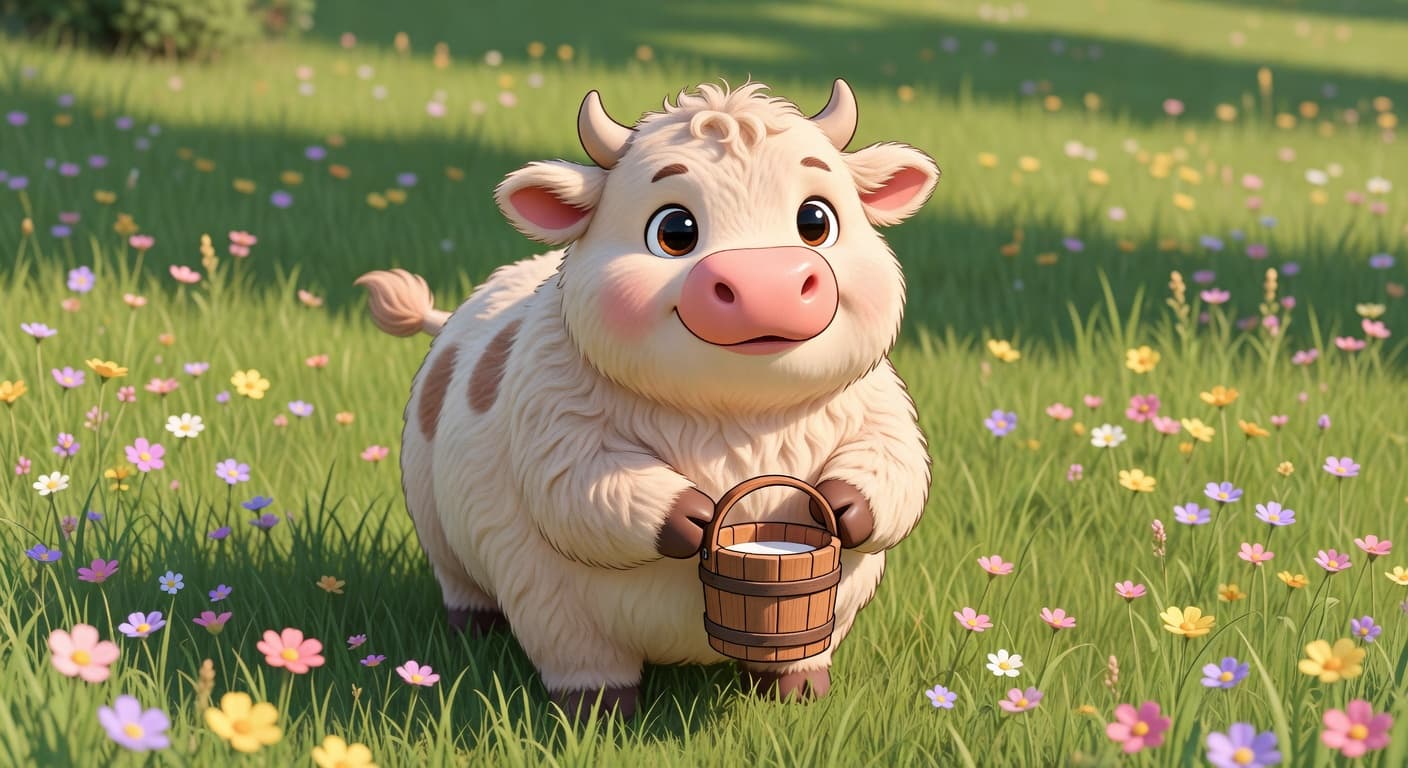 3D cartoon, a cute fluffy cow with soft fur and a round body stands calmly in a sunny green meadow, gently smiling. Features big kind eyes, a large pink nose, tiny horns, and a plush texture. Holding a small milk bucket. Warm daylight, soft pastel colors, cozy fairy-tale atmosphere, smooth gentle motion, medium shot.