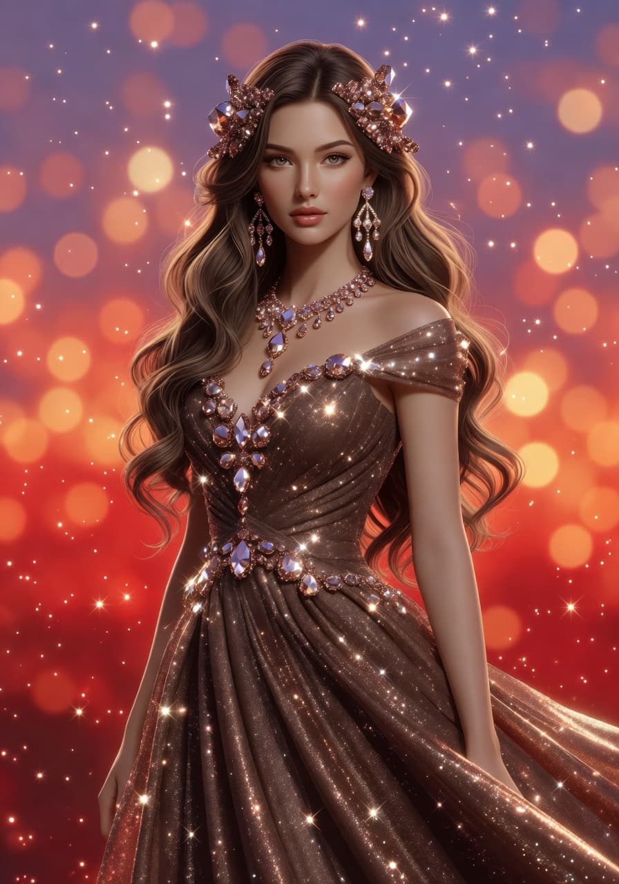 A stunning charming woman with porcelain-like skin and full, luscious lips, her facial features delicate and refined, has long, voluminous wavy brown-blonde hair that cascades down her back, adorned with an intricate, sparkling brown diamond hairpiece that catches the light. She wears luxurious, glittering brown diamond jewelry, including dangling earrings that frame her heart-shaped face, an ornate necklace that rests on her collarbone, and accents on her brown, sparkling evening gown that shimmer and shine. The gown is fitted at the waist and flows out in a dramatic, flowing silhouette, with delicate cap sleeves and a subtle train. The background is a vibrant, abstract bokeh with a rich gradient of red, orange, and purple hues, and soft glowing circles of varying sizes float throughout the image, giving a dreamy, festive, and magical feel, with tiny sparkles and light particles scattered across the scene, resembling glitter or stardust, in an anime style portrait with high detail