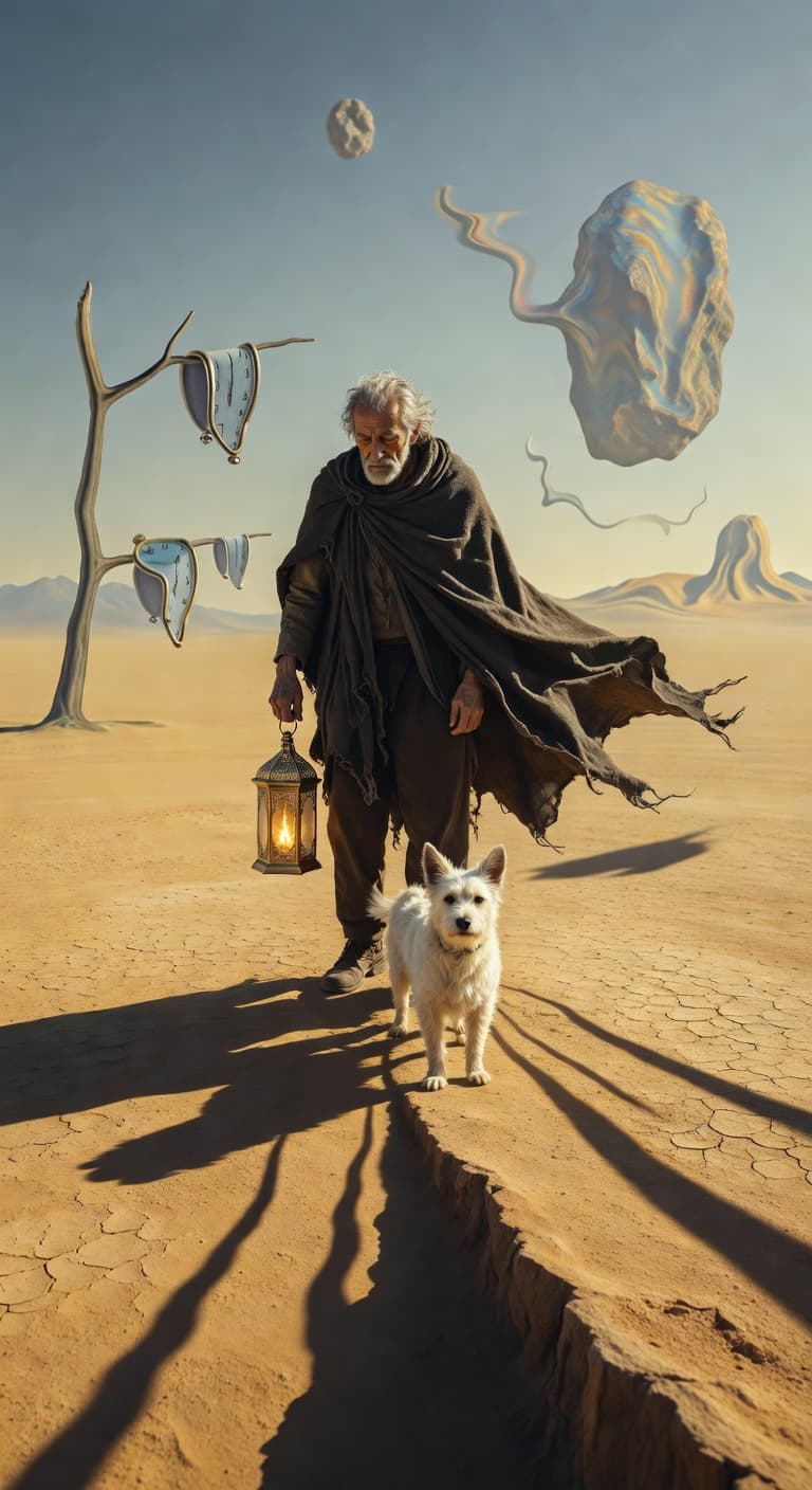 An elderly wanderer standing on a cliff edge, cloak billowing, holding a lantern. A small white dog at his feet. Minimal surreal desert landscape with long shadows. Surrealist Salvador Dalí style with melting shapes and dreamlike distortions. Warm gold and pale blue palette. Centered composition, low-angle view, shallow depth of field.