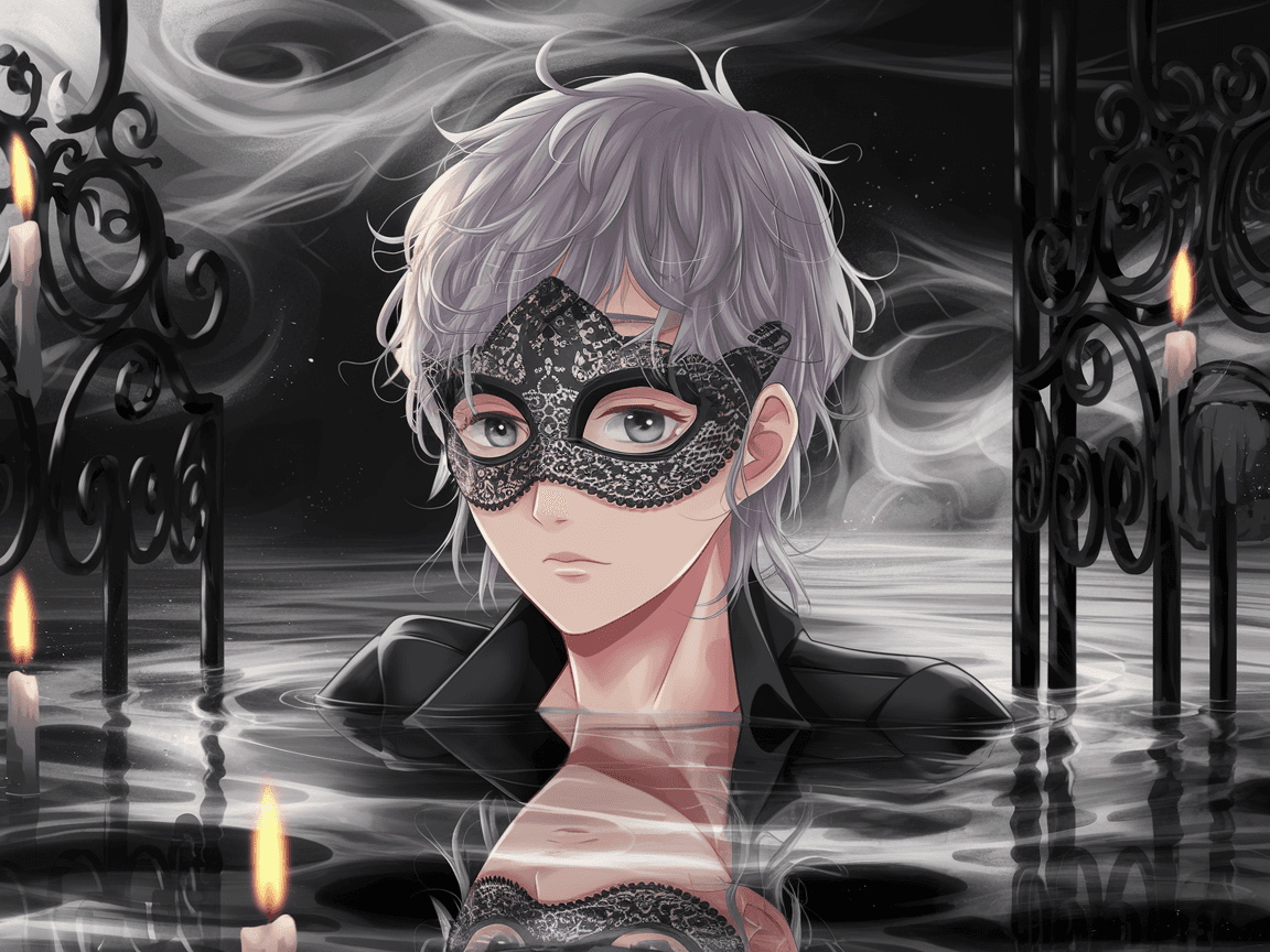 Seed 776232: Ultra-HD portrait of a young dreamer clad in intricate Venetian black lace mask, surrounded by swirling monochrome mist. Half-submerged in a flooded marble palazzo, their wistful eyes reflect flickering candlelight through ornate ironwork — noir fantasy, chiaroscuro depth.