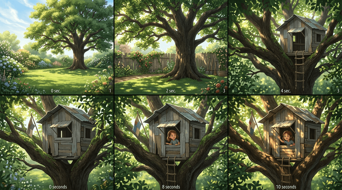 Wide shot, framing a lush backyard with a large old tree at its center. The camera slowly pans to reveal a dilapidated treehouse nestled among the branches. Sunlight filters through the leaves, casting dappled shadows on the grass. The atmosphere feels warm and inviting, hinting at adventure. 10 seconds. Lily: A young girl with brown hair and bright eyes. Digital illustration, warm colors, soft natural light.