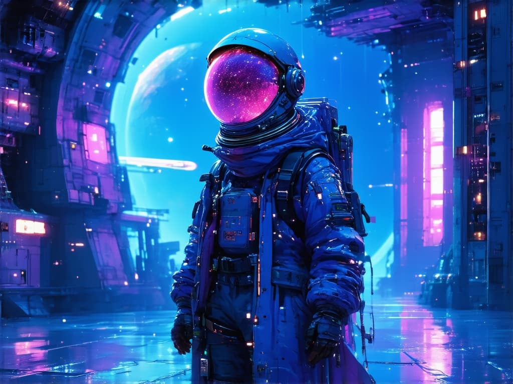 Seed 247682: A weathered space explorer clad in avant-garde zero-gravity couture stands in a sprawling cosmic station’s observation deck, neon starlight casting sharp shadows. Reflective visors and layered tech-fabrics blend vintage pilot charm with dystopian futurism. Ultra-HD.