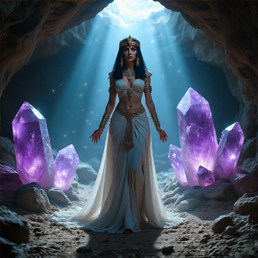 Seed 757185: Cleopatra reimagined as a mystic queen in an underground cave, surrounded by giant glowing amethyst crystals. Dust motes dance in cold blue light; her jeweled gown sparkles. Cinematic film still, deep shadows, ultra-HD, ethereal, commanding presence, forgotten empire vibe.