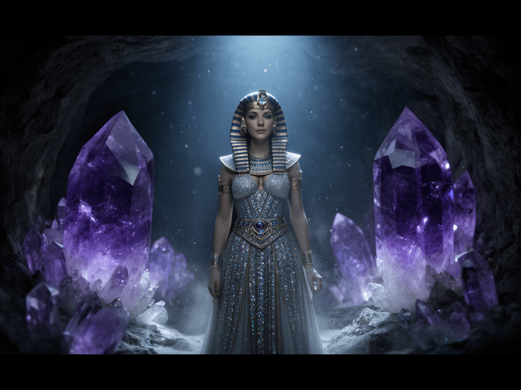 Seed 757185: Cleopatra reimagined as a mystic queen in an underground cave, surrounded by giant glowing amethyst crystals. Dust motes dance in cold blue light; her jeweled gown sparkles. Cinematic film still, deep shadows, ultra-HD, ethereal, commanding presence, forgotten empire vibe.