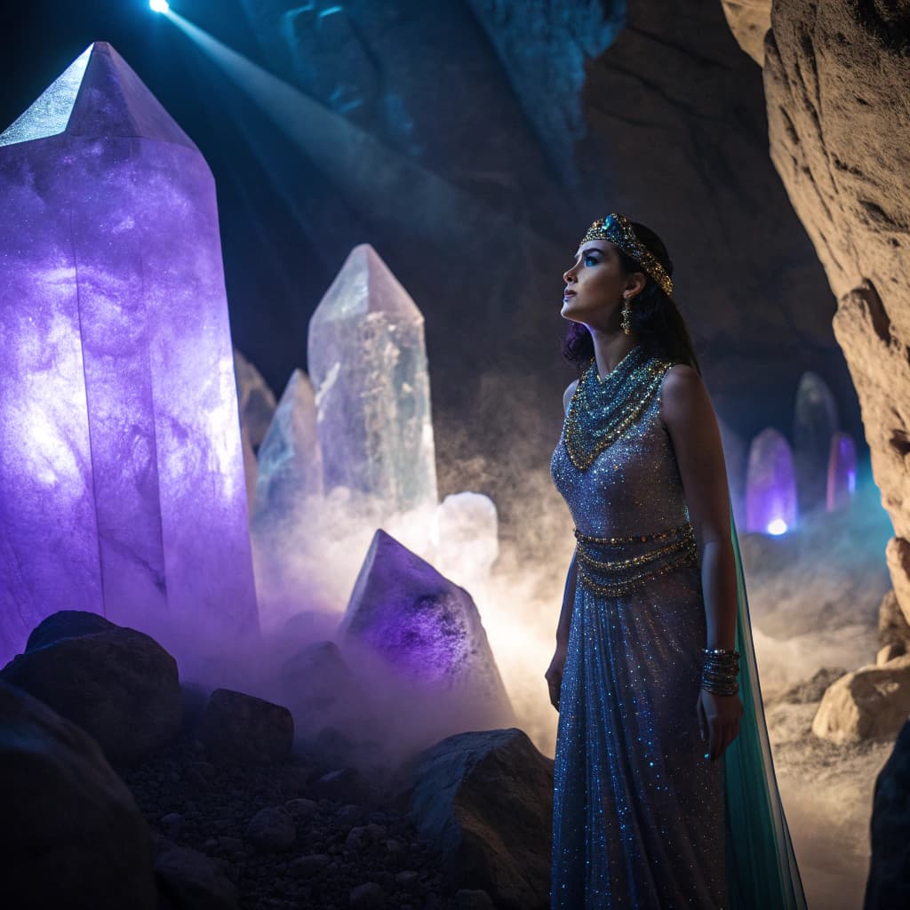 Seed 757185: Cleopatra reimagined as a mystic queen in an underground cave, surrounded by giant glowing amethyst crystals. Dust motes dance in cold blue light; her jeweled gown sparkles. Cinematic film still, deep shadows, ultra-HD, ethereal, commanding presence, forgotten empire vibe.