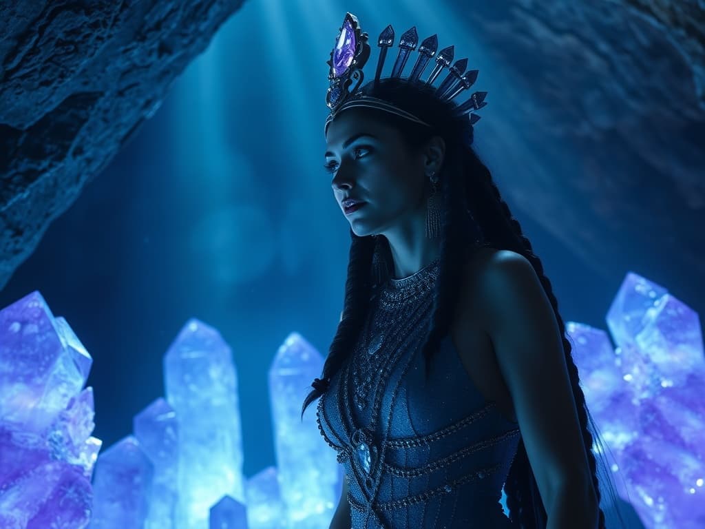 Seed 757185: Cleopatra reimagined as a mystic queen in an underground cave, surrounded by giant glowing amethyst crystals. Dust motes dance in cold blue light; her jeweled gown sparkles. Cinematic film still, deep shadows, ultra-HD, ethereal, commanding presence, forgotten empire vibe.