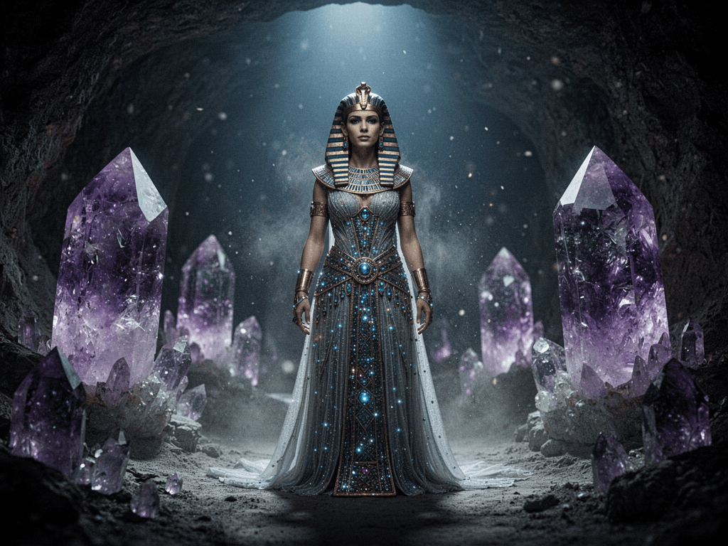 Seed 757185: Cleopatra reimagined as a mystic queen in an underground cave, surrounded by giant glowing amethyst crystals. Dust motes dance in cold blue light; her jeweled gown sparkles. Cinematic film still, deep shadows, ultra-HD, ethereal, commanding presence, forgotten empire vibe.