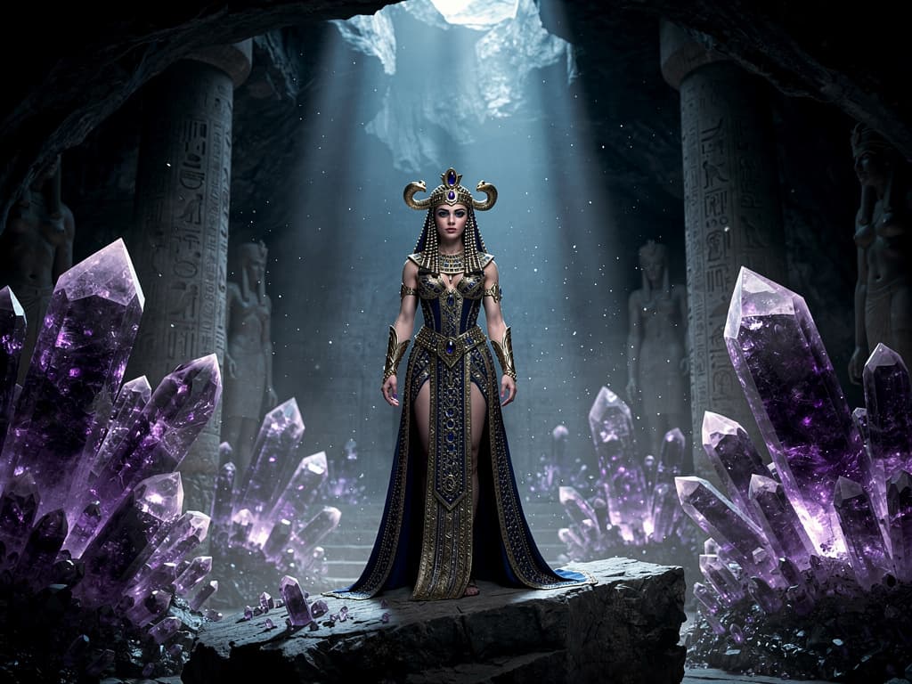 Seed 757185: Cleopatra reimagined as a mystic queen in an underground cave, surrounded by giant glowing amethyst crystals. Dust motes dance in cold blue light; her jeweled gown sparkles. Cinematic film still, deep shadows, ultra-HD, ethereal, commanding presence, forgotten empire vibe.