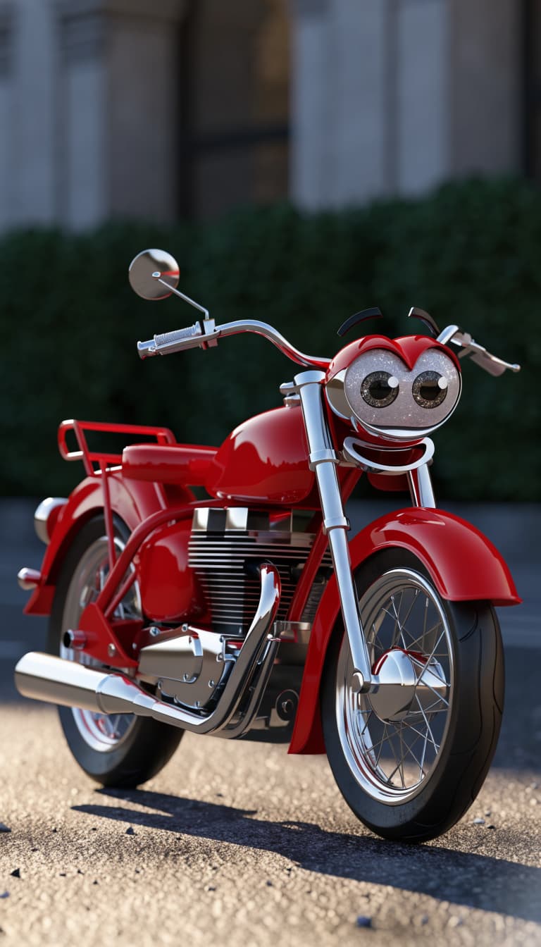 Character 1: A shiny RED classic Bullet-style motorcycle with big sparkling cartoon eyes on the front headlight area, a cute smiling mouth, expressive eyebrows and funny facial expressions.