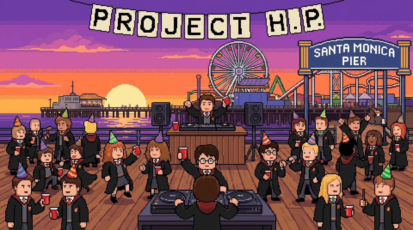 The entire cast of Harry potter having a project x party on Santa Monica Pier
