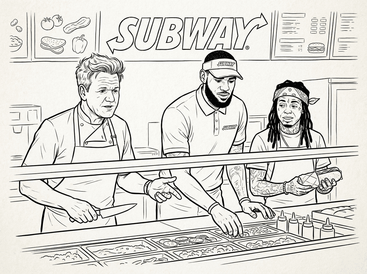 Gordon Ramsay, Lebron James, and Lil Wayne working at subway