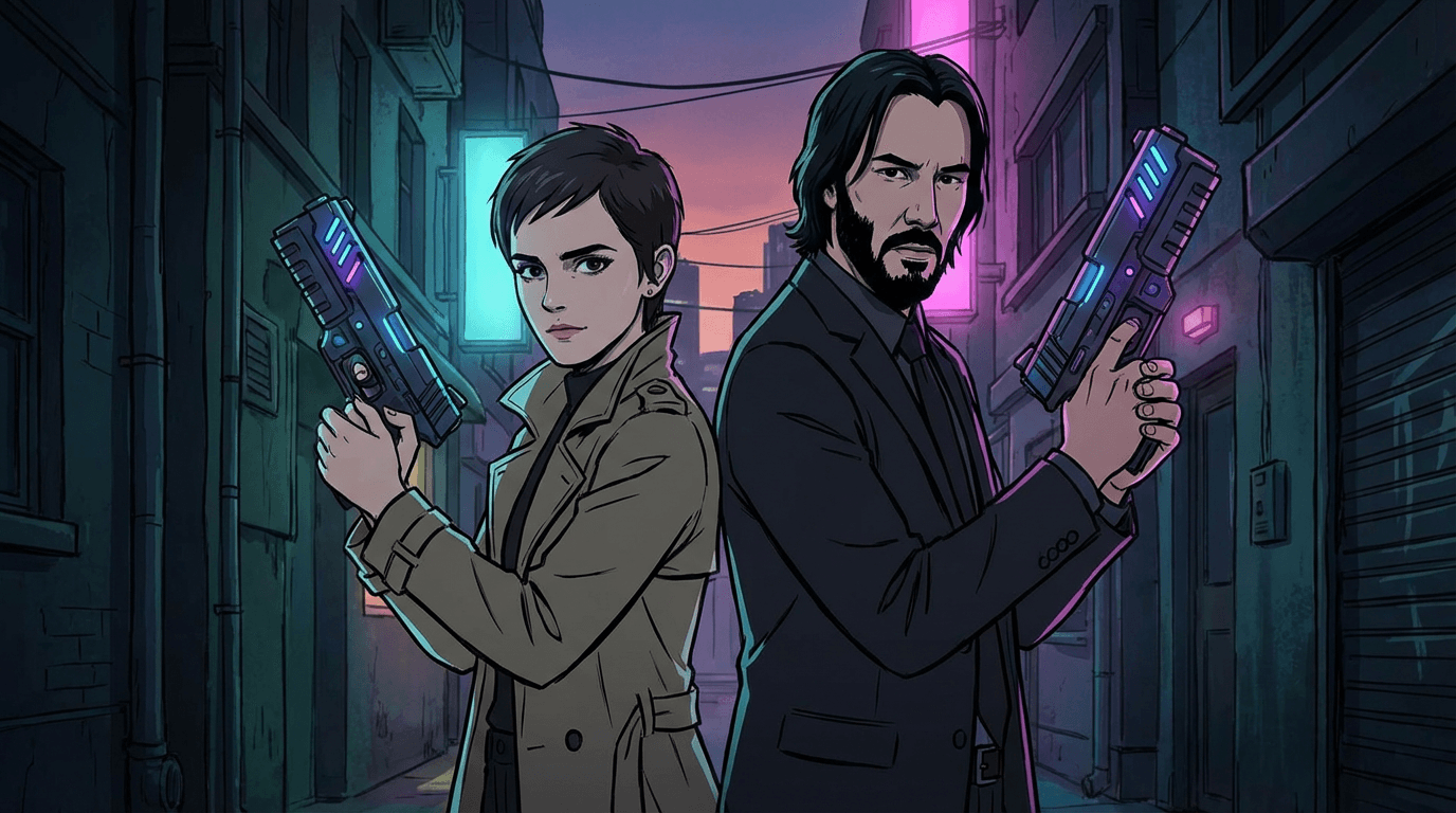 Emma Watson and Keanu Reeves back to back holding guns