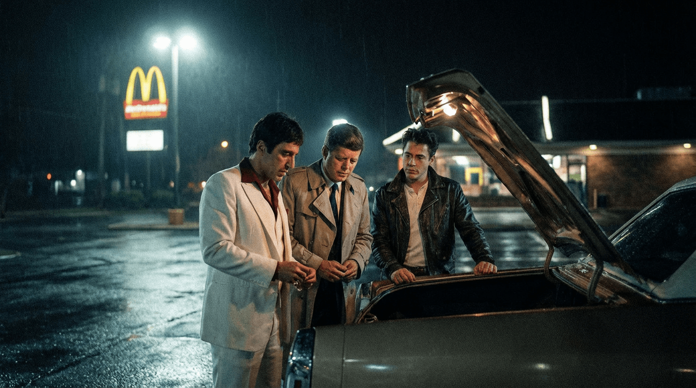 Super realistic image of Tony Montana, John F. Kennedy, and Robert Downey Jr. snorting cocaine in a mcdonald's parking lot