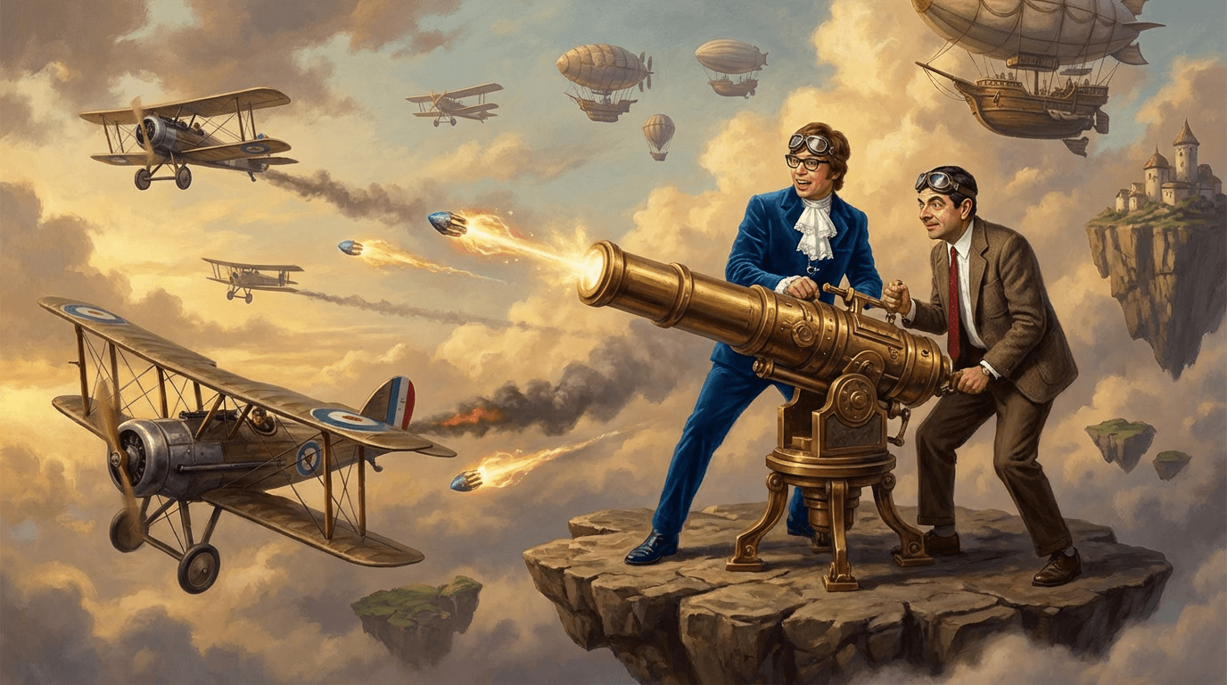 Hyper realistic scene of Austin Powers and Mr.Bean shooting airplanes out of the sky using an aerial cannon