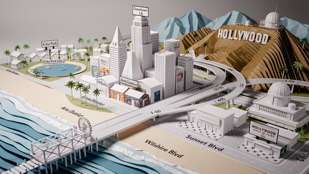 A super detailed pop up art work of the entire city of los angeles with names of streets and Iconic locations