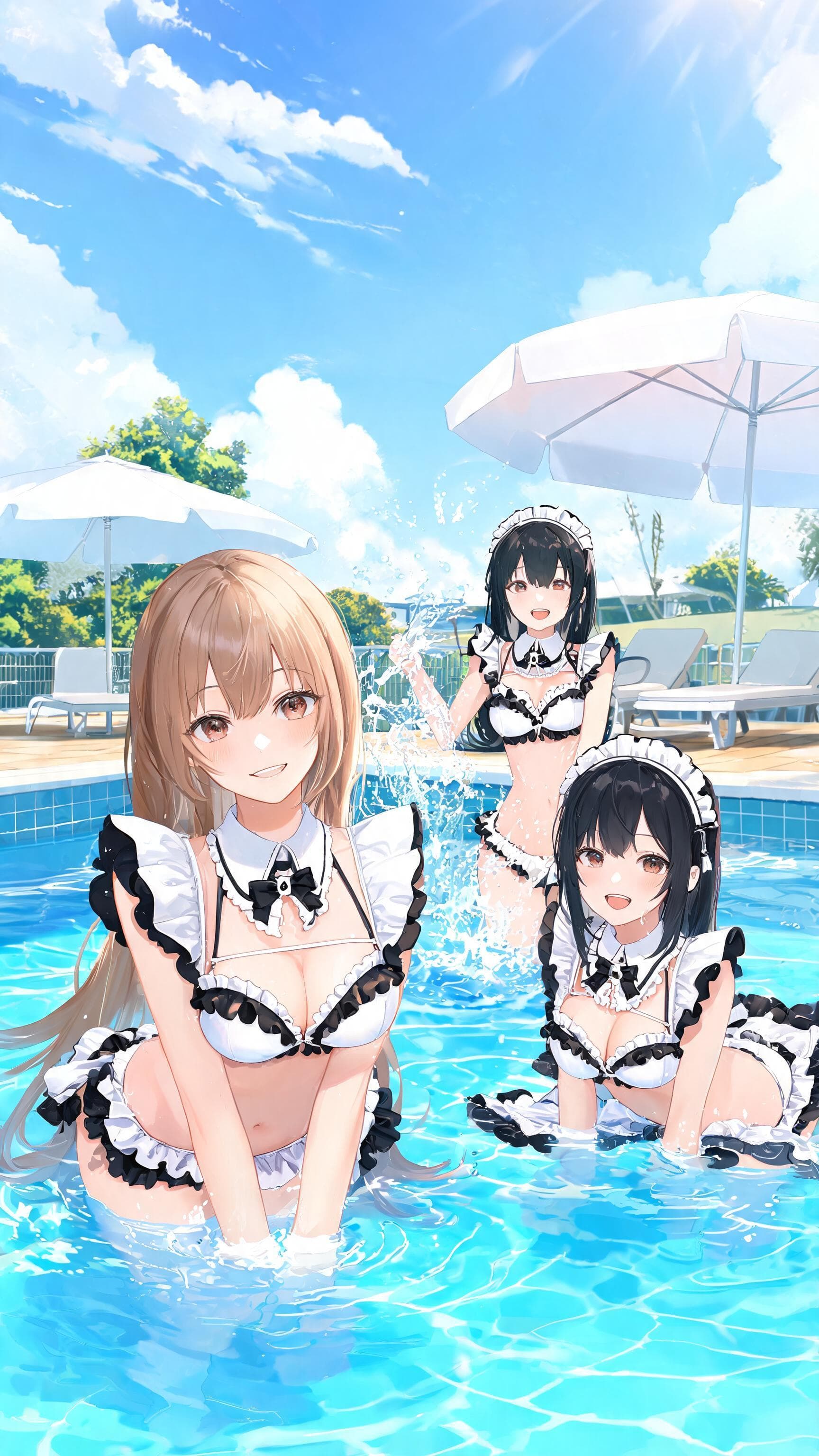 女の子達、メイドビキニ、プール、