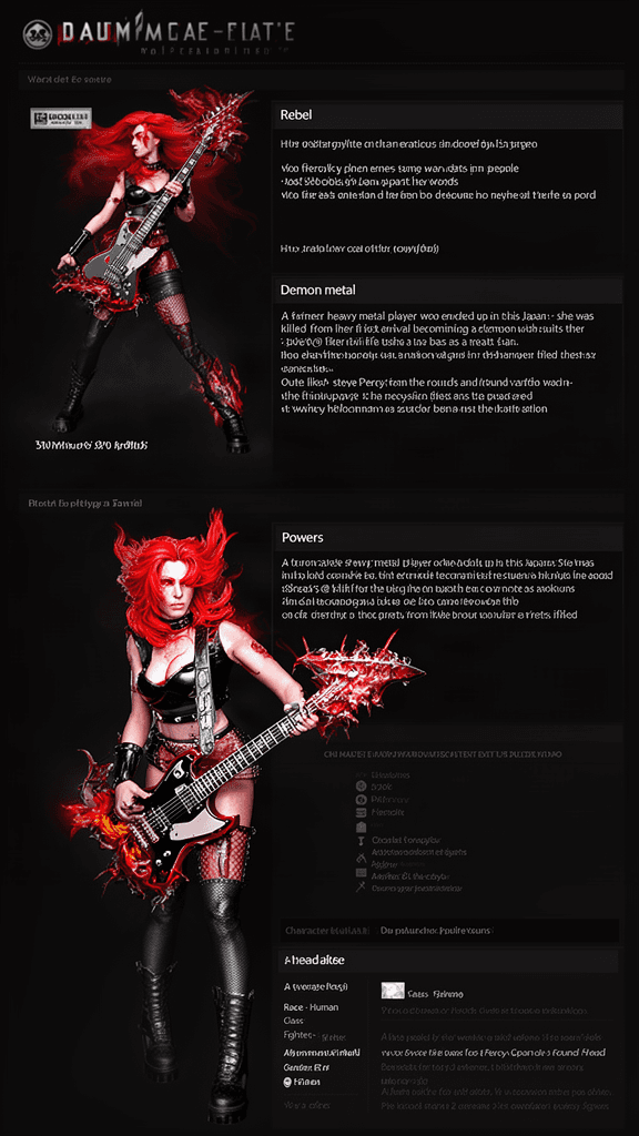 Ideas for 30 Minute fantasy figures
Rebel
Demon metal head
Powers
Her guitar plying can have various effects on people most blowing them apart her words
Bio
A firmer heavy metal player who ended up in this Japan she was killed from her first arrival becoming a demon wich suits her cause Shea’s @ killer in life using her fan base as a meat fest now she can do the same thing
Aperance
Outfit like stve Percy from the round and round video red hair her guitar is alive very 80s metal looking
Character details: Race - Human, Class - Fighter, Alignment - Chaotic Evil, Gender - female.,profile